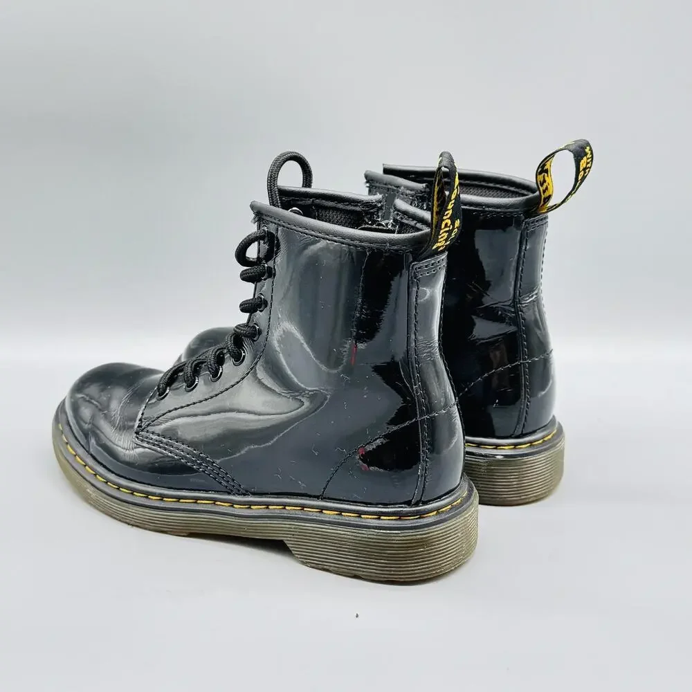 Dr Martens Boots Kids 2 Black Patent Leather 1460 Combat Lace Up Side Zip Youth